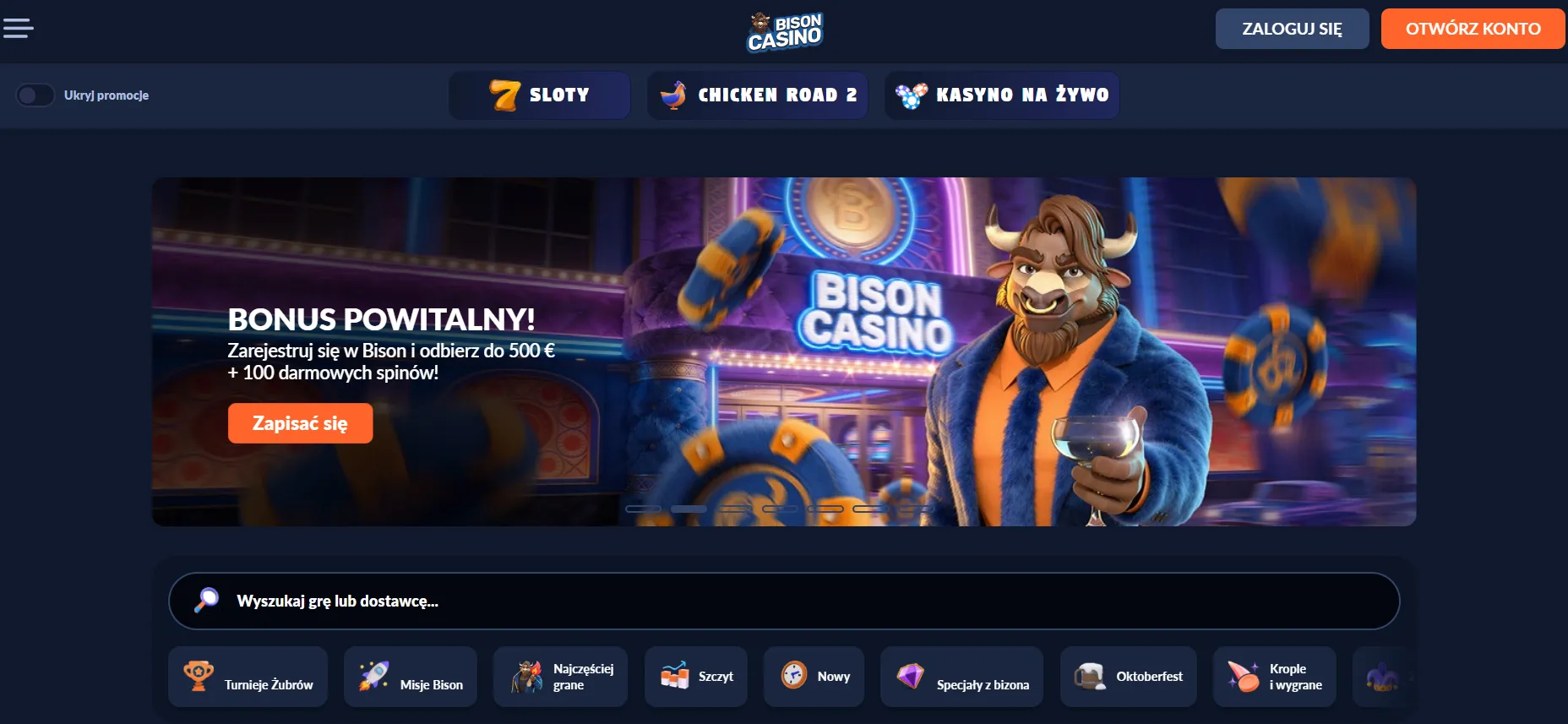 Aktualny ekran główny Bison Casino z widoczną marką i głównymi sekcjami serwisu